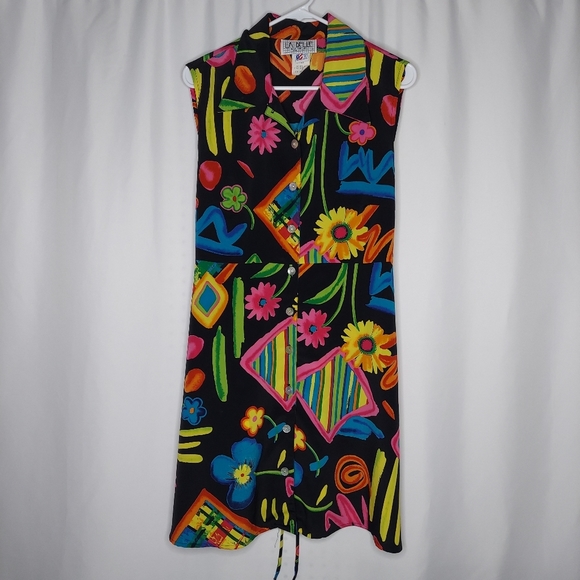 Vintage Dresses & Skirts - 90's Vtg LABelle Button Collar Dress Multicolor Print Tie Sleeveless Midi 13 USA